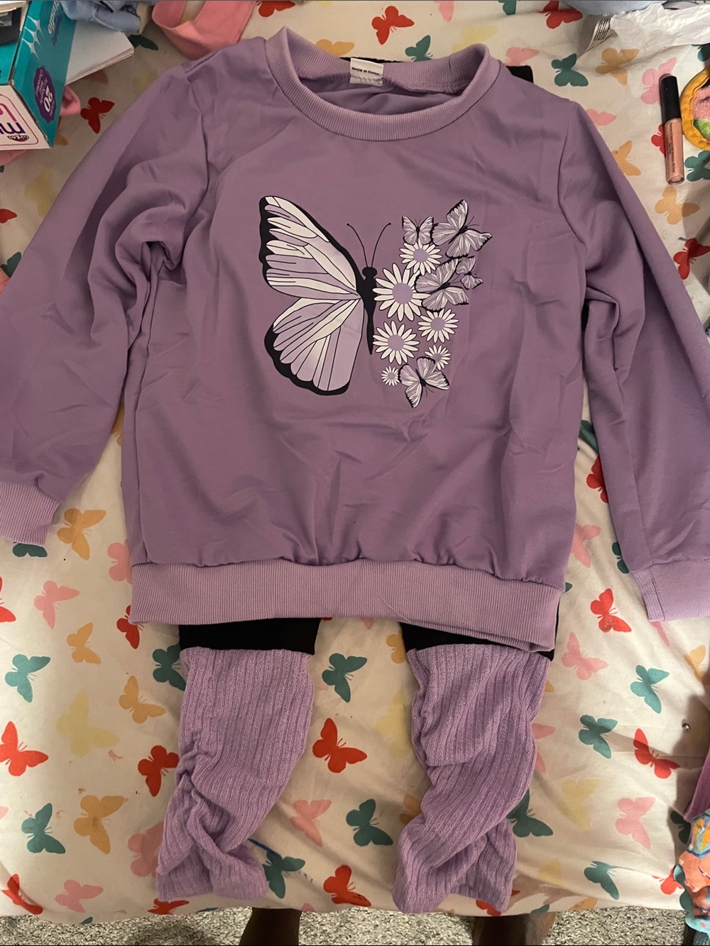 Girls' Purple Butterfly Sweatshirt & Ribbed Leggings Set